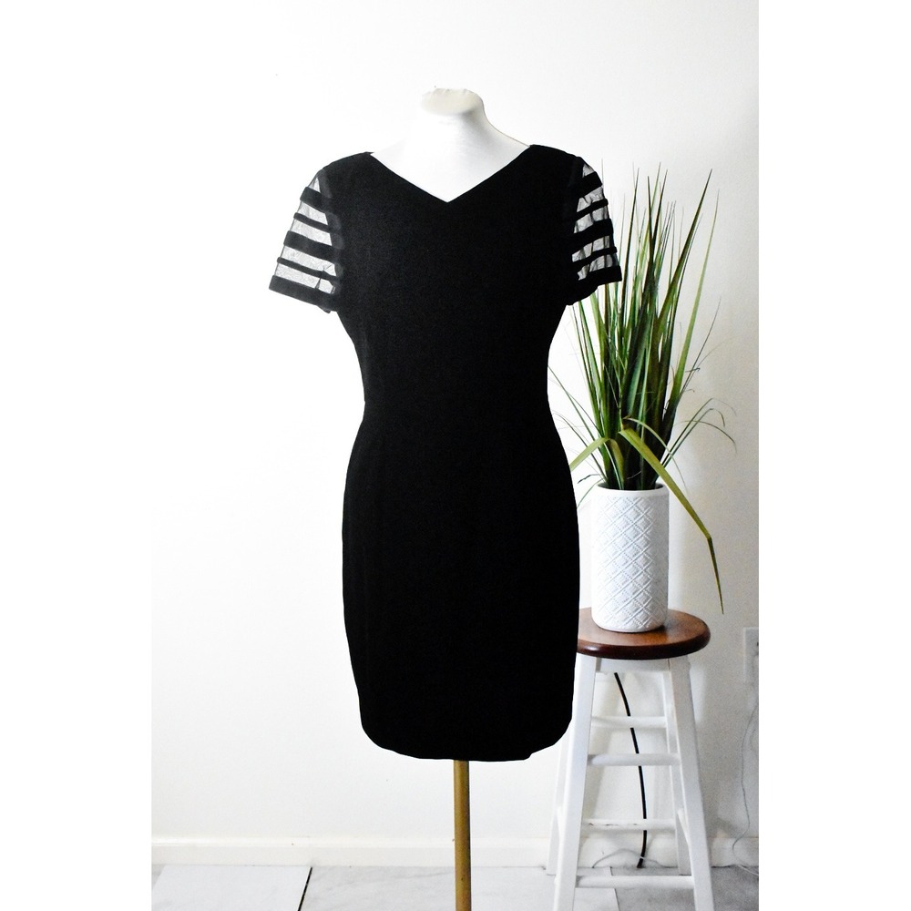 Maggy London Cocktail Dress Women 4 Black 80s Velvet Sheer Mesh Stripe Bodycon